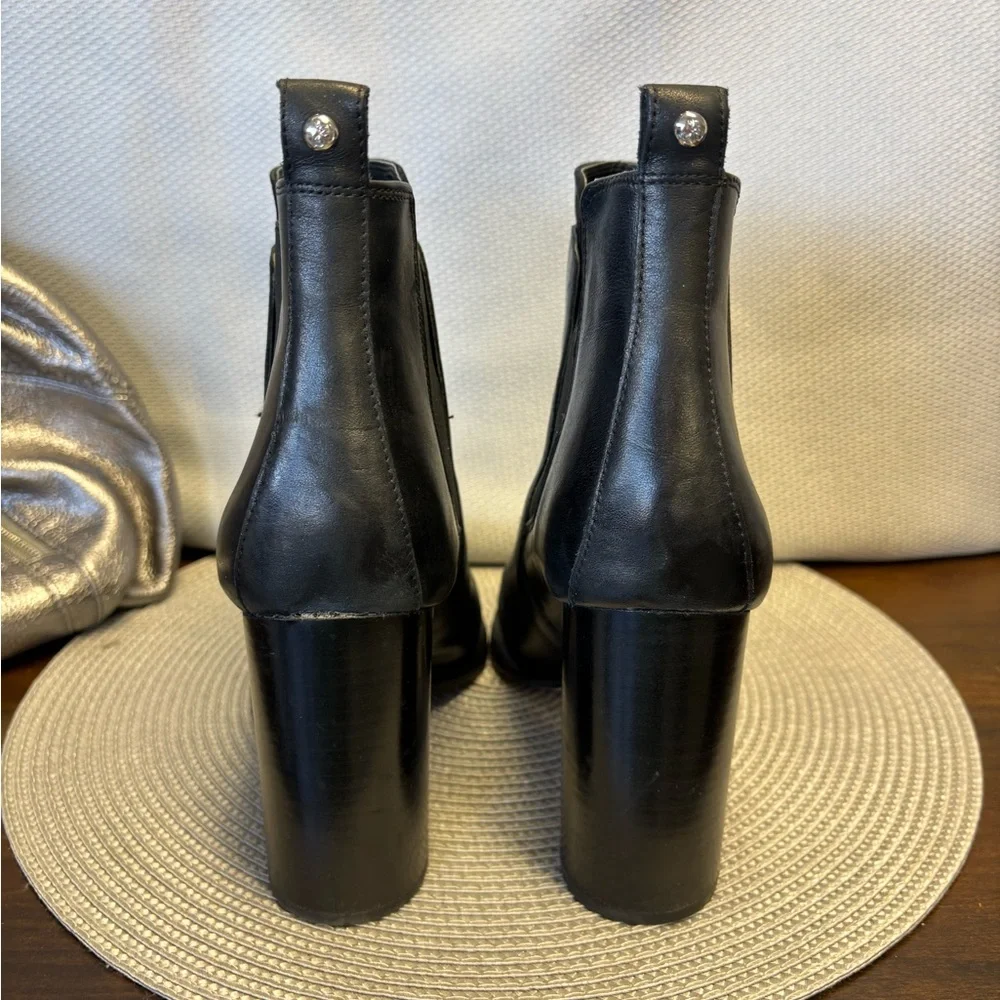 Sam Edelman black leather moto ankle boot, slip on with wood stacked heel. - Picture 2 of 3